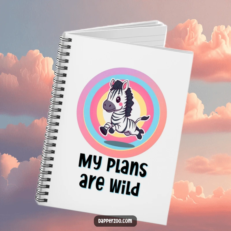 Funny notebook with an excited zebra galloping in a vibrant rainbow circle, ideal for creative notes.