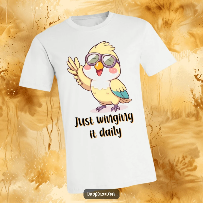 Funny aviator parrot t-shirt featuring a joyful character in tiny goggles, enthusiastically waving hello.