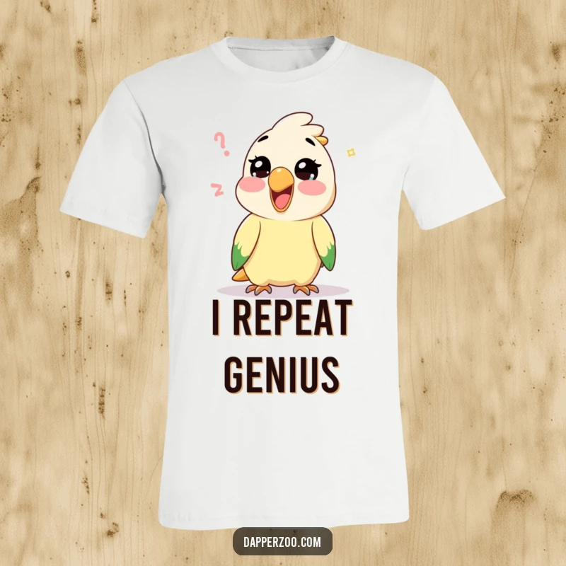Funny Kawaii parrot character mimicking a silly sound with glee on a t-shirt, showcasing a love for vocal comedy.