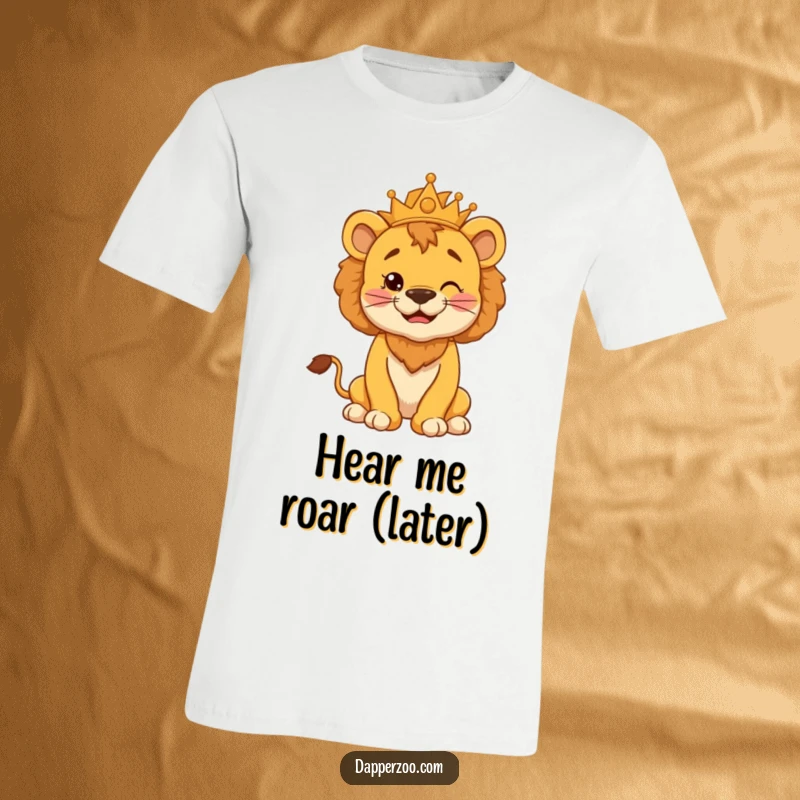 Funny T-shirt with a cheerful lion cub, puffed chest, and a silly kingly pose, exuding confidence and playful royalty.