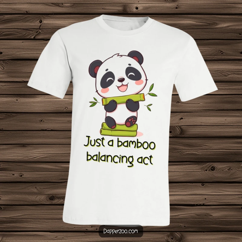 Funny panda t-shirt depicting a curious bear with a wide grin struggling to balance bamboo stalks.