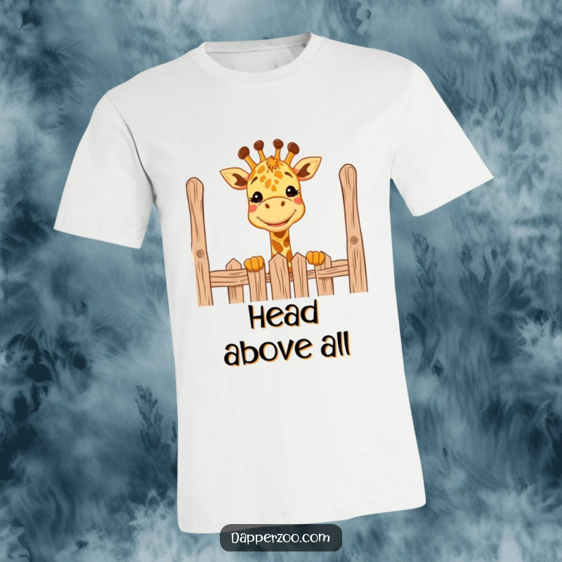 Funny giraffe t-shirt showing a grin, comically peeking over a tall fence, conveying curiosity and humor, excellent gift.