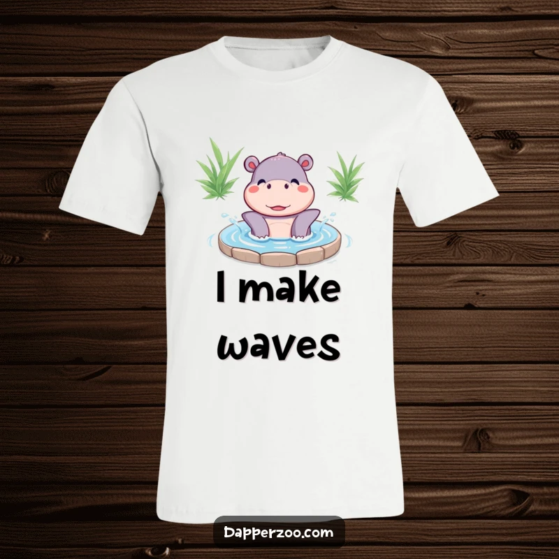 Funny Kawaii hippo character happily splashing water on a t-shirt, showcasing a joyful and carefree attitude.