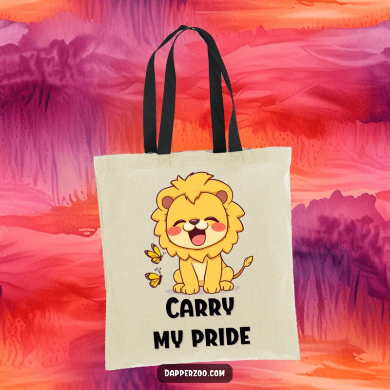 Funny kawaii lion tote bag featuring a cute lion roaring playfully at a tiny butterfly, a humorous and practical accessory.