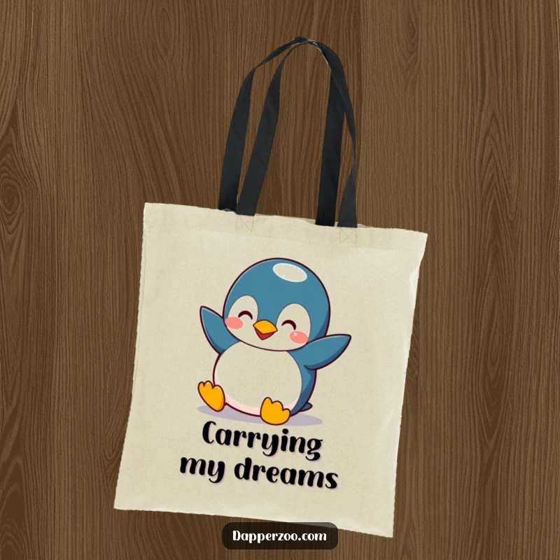 Funny penguin tote bag with tiny wings comically flapping, attempting flight with a silly, hopeful expression, wonderful for shopping.