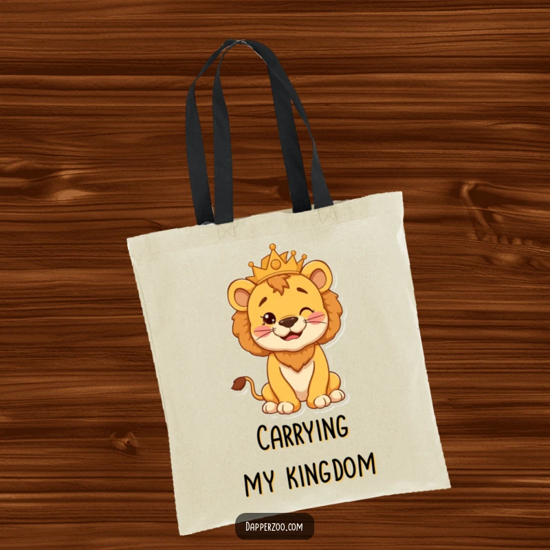 Funny tote bag showcasing a cheerful lion cub with a puffed chest, striking a comical, proud kingly pose.