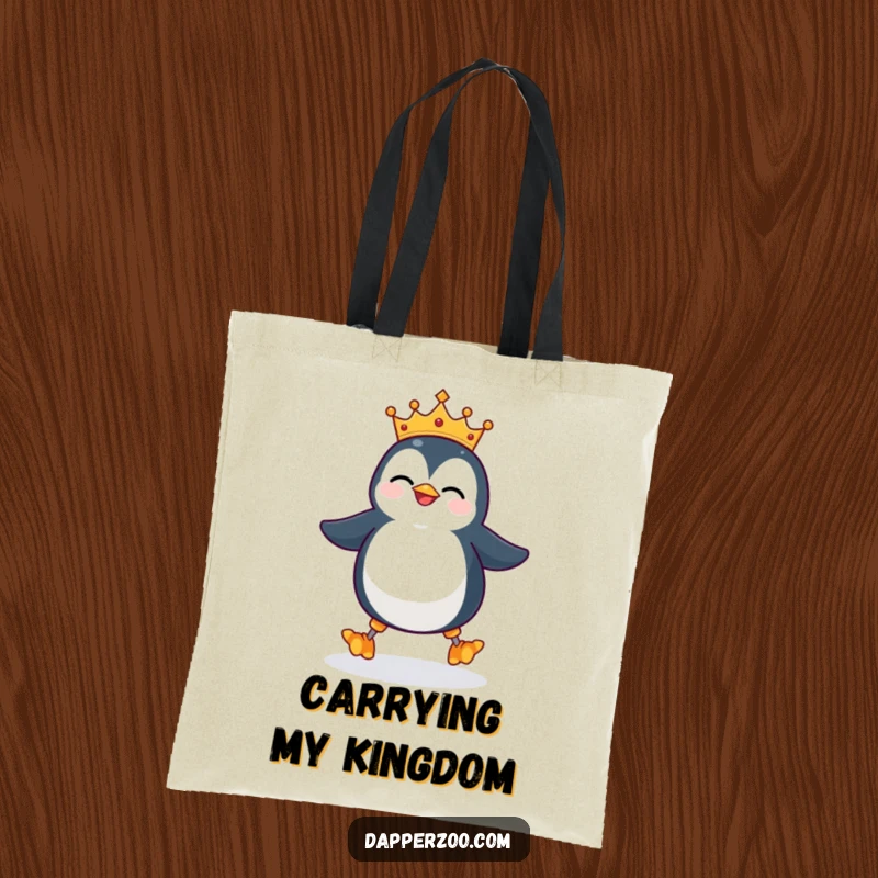 Funny penguin tote bag, wearing a tiny ill-fitting crown, giggling and waddling on stilts, a humorous and regal accessory.
