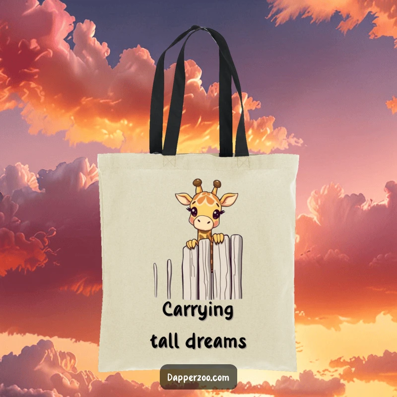 A curious giraffe peeks over a tall, comically thin fence on this funny tote bag, adding charm to errands.
