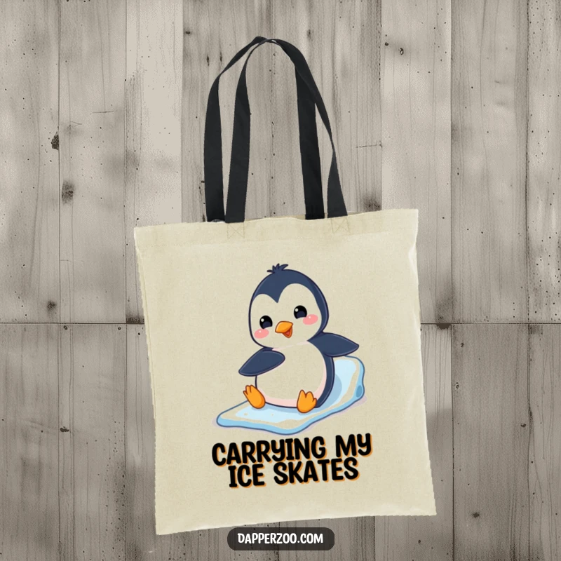 A playful penguin slides down an ice slide on its belly, printed on this funny and practical tote bag.
