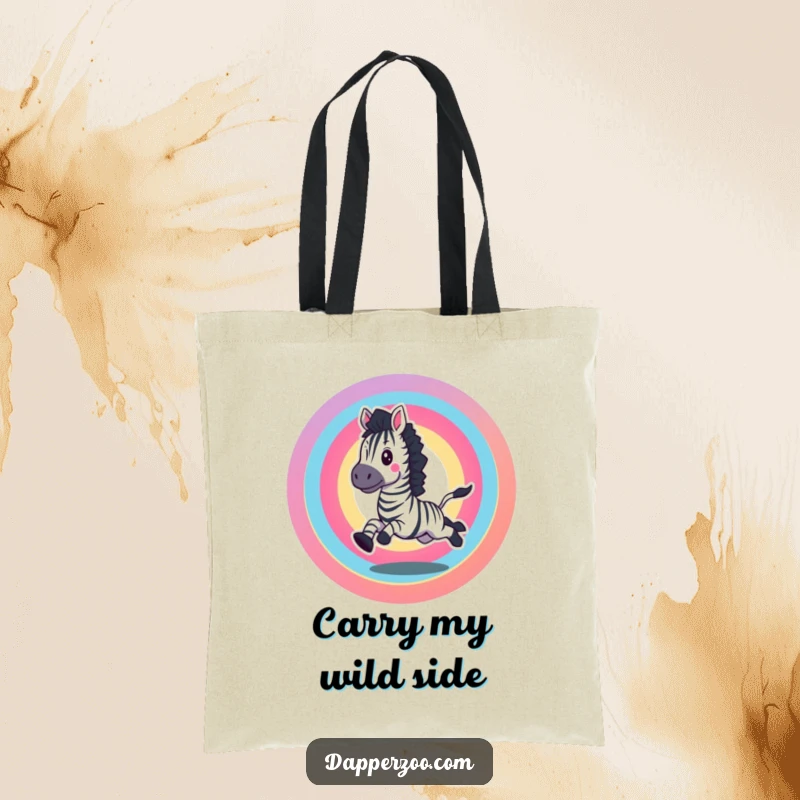 Funny tote bag showcasing an excited zebra galloping in a vibrant rainbow circle, a humorous accessory.