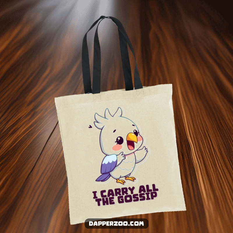Funny tote bag showcasing a surprised parrot dramatically reciting with its beak wide open, a humorous gift.
